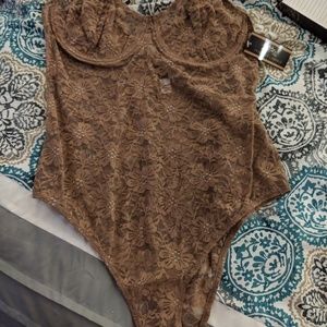 Taupe sheer lace underwire pushup teddy